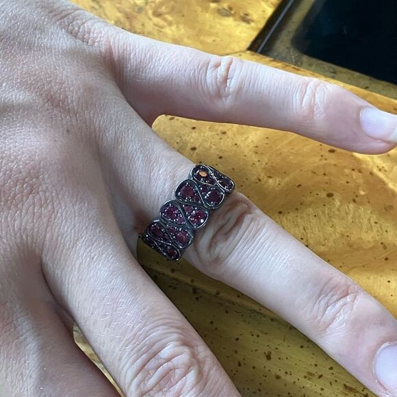 Natural Raspberry Garnet Black Rhodium Over Sterling Silver Ring Size 8 - Picture 4 of 10